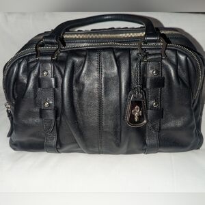 Cole Haan Cornelia Triple Zip Black Leather Bowler Bag with Metal Accents